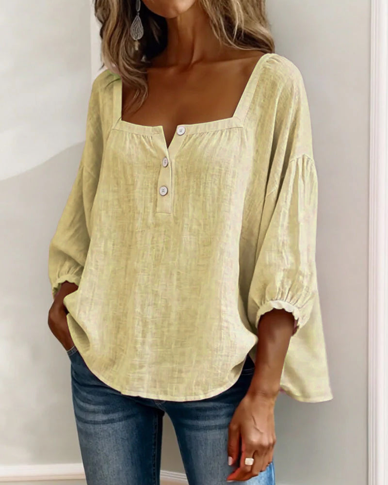 Nadine | Women's Square Neck Blouse 3/4 Puff Sleeve Button Top