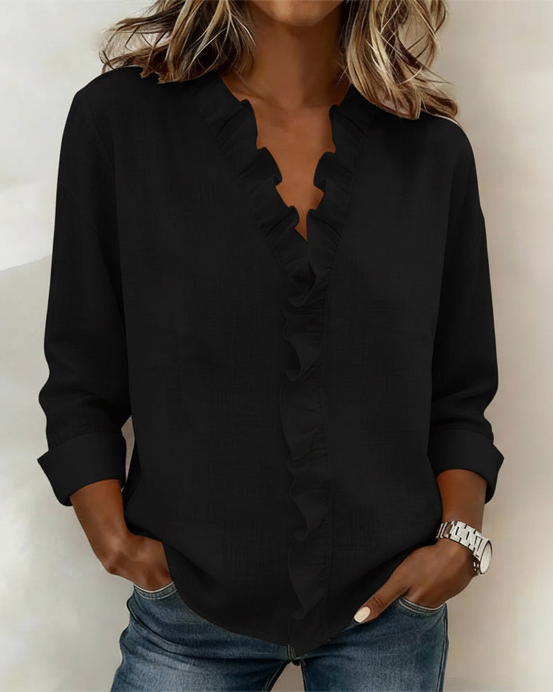 Yasmin | Women's Ruffle V-Neck Long Sleeve Blouse Spring Top