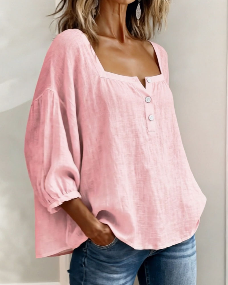 Nadine | Women's Square Neck Blouse 3/4 Puff Sleeve Button Top