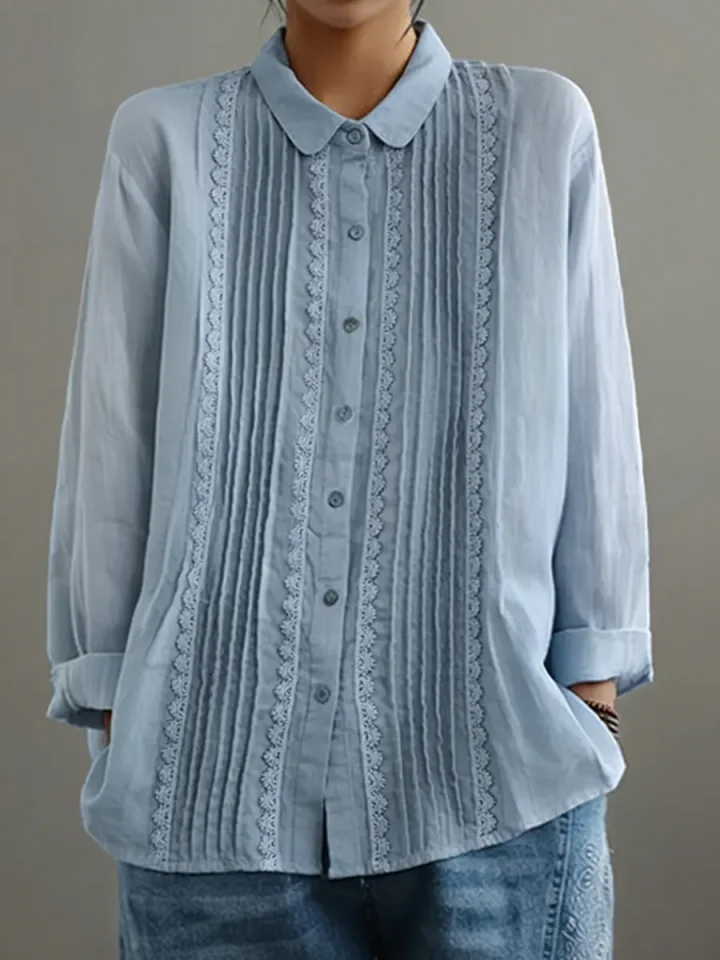 Tamsin | Women's Lace Trim Button-Up Long Sleeve Blouse