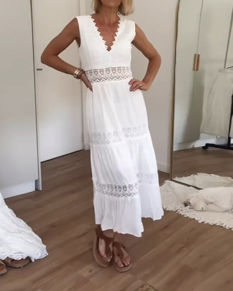 Summer | White Sun Sleeveless V Neck Midi Dress
