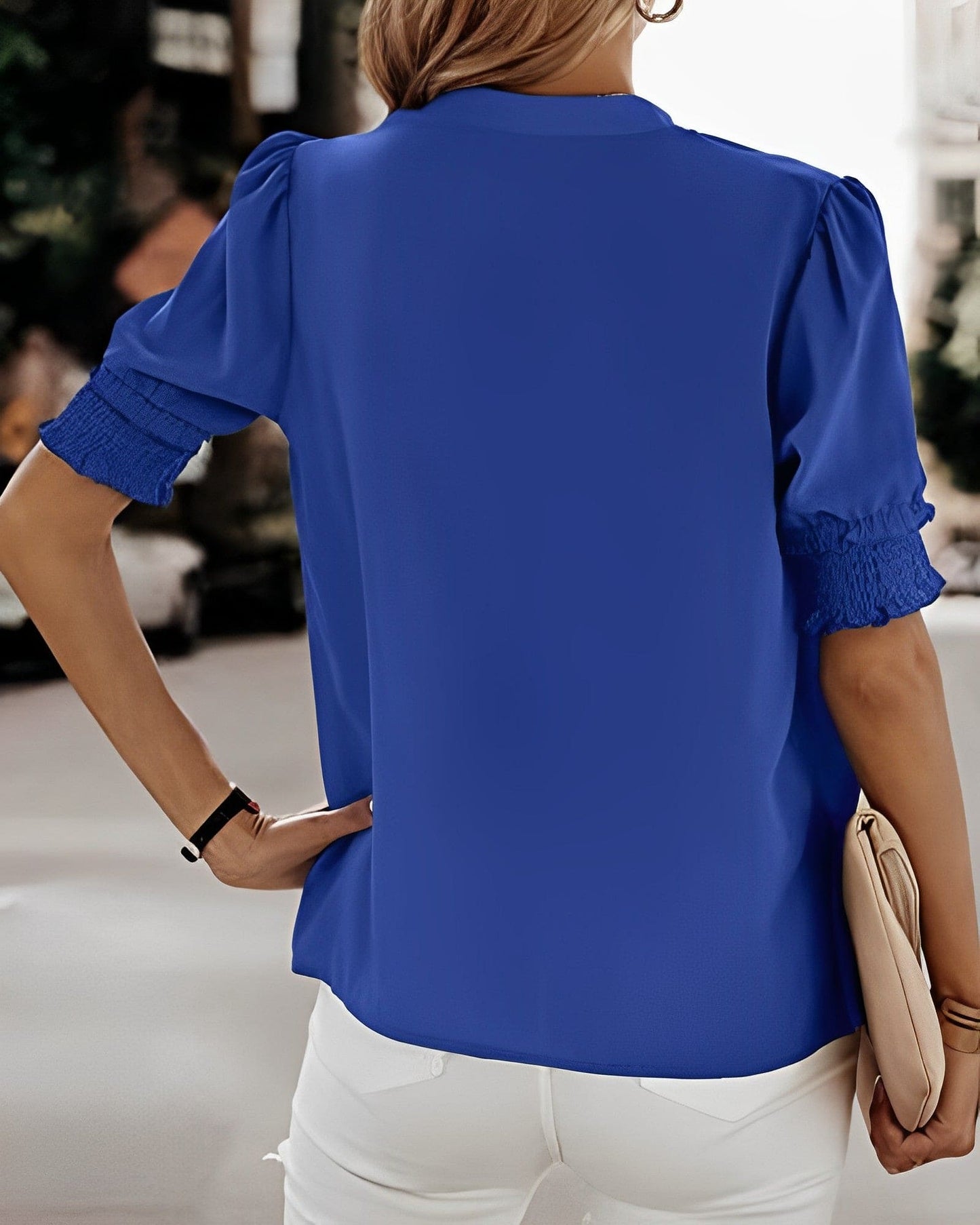 Natasha | Women's V-Neck Puff Sleeve Blouse Short Sleeve Top