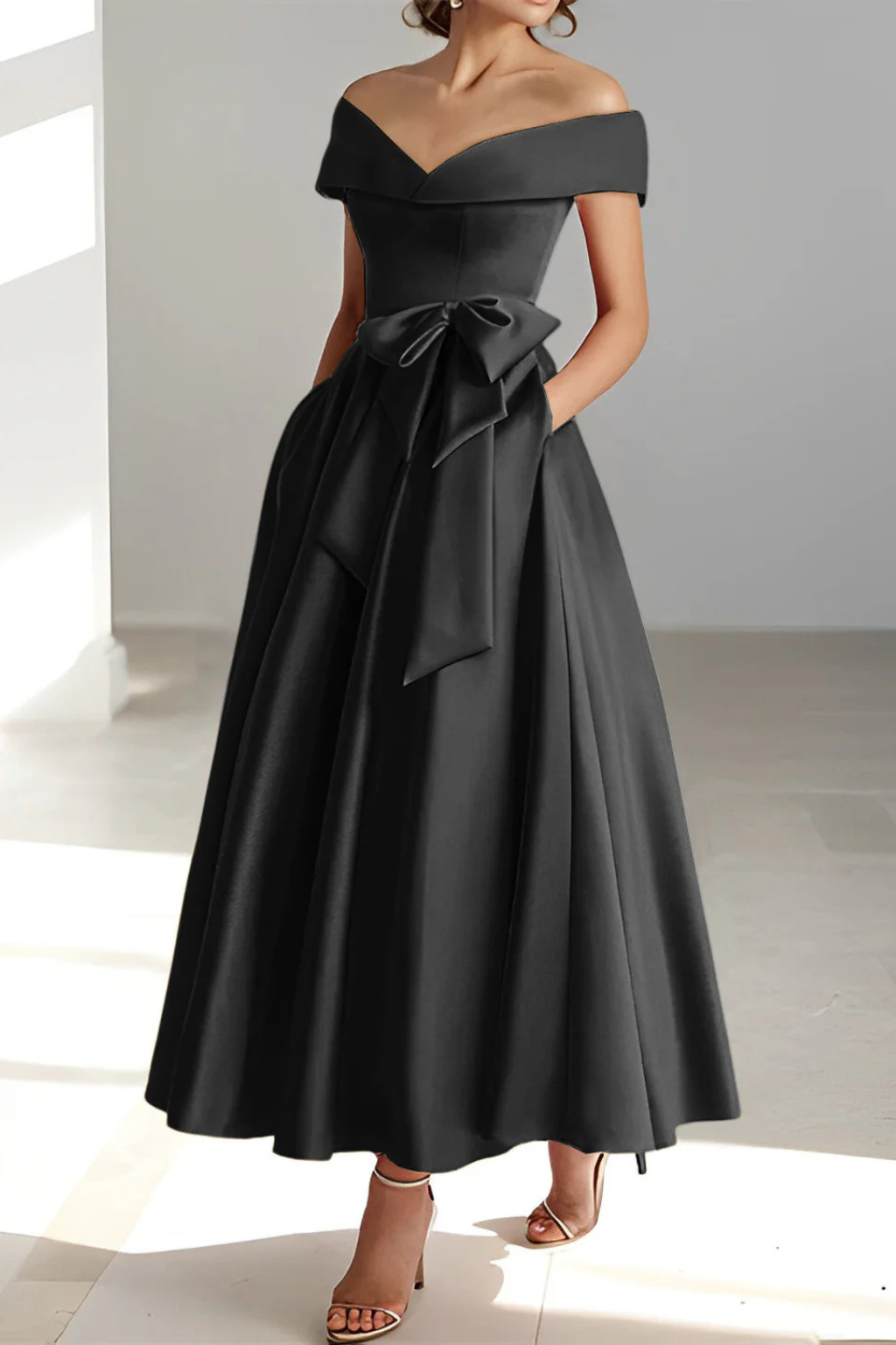 Arabella | Women Off Shoulder Bow Waist A Line Midi Wedding Guest Dress