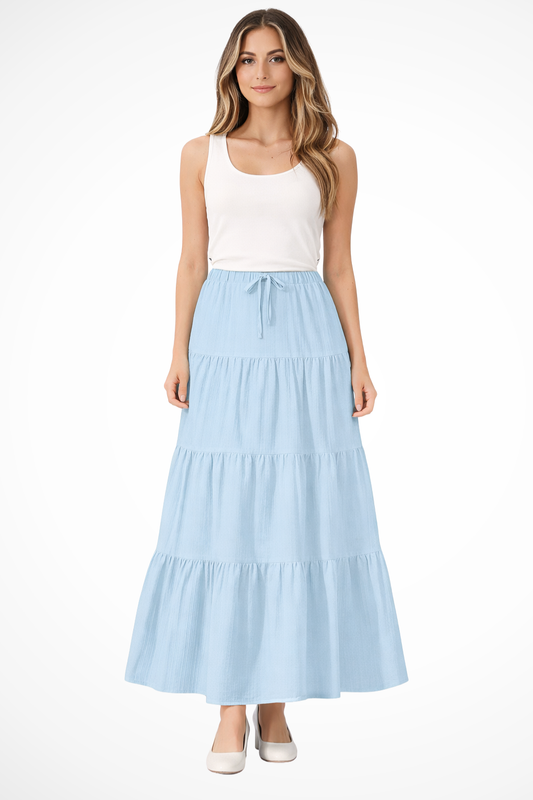 Bonnie | Women Elasticated Drawstring Waist Tiered Boho Maxi Skirt