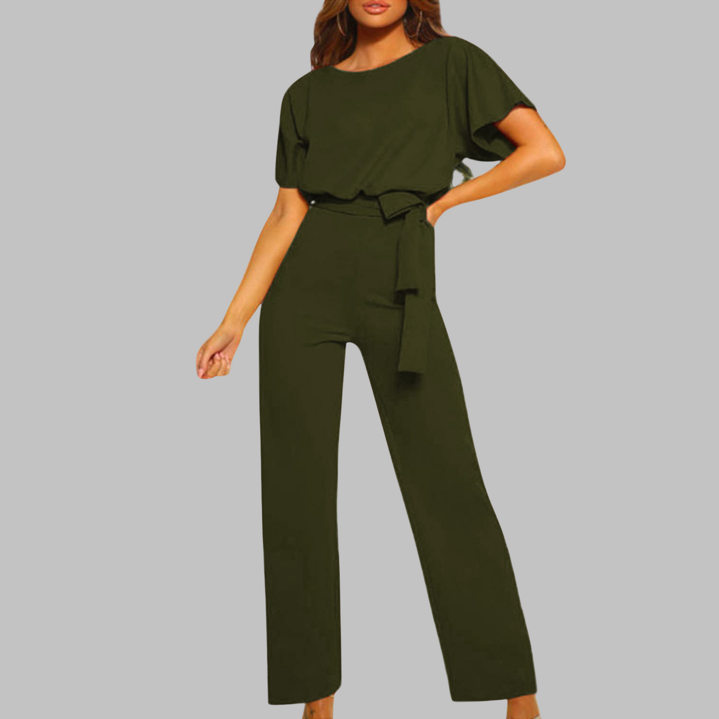Marina | Women's Belted Wide Leg Jumpsuit Batwing Sleeve Crewneck