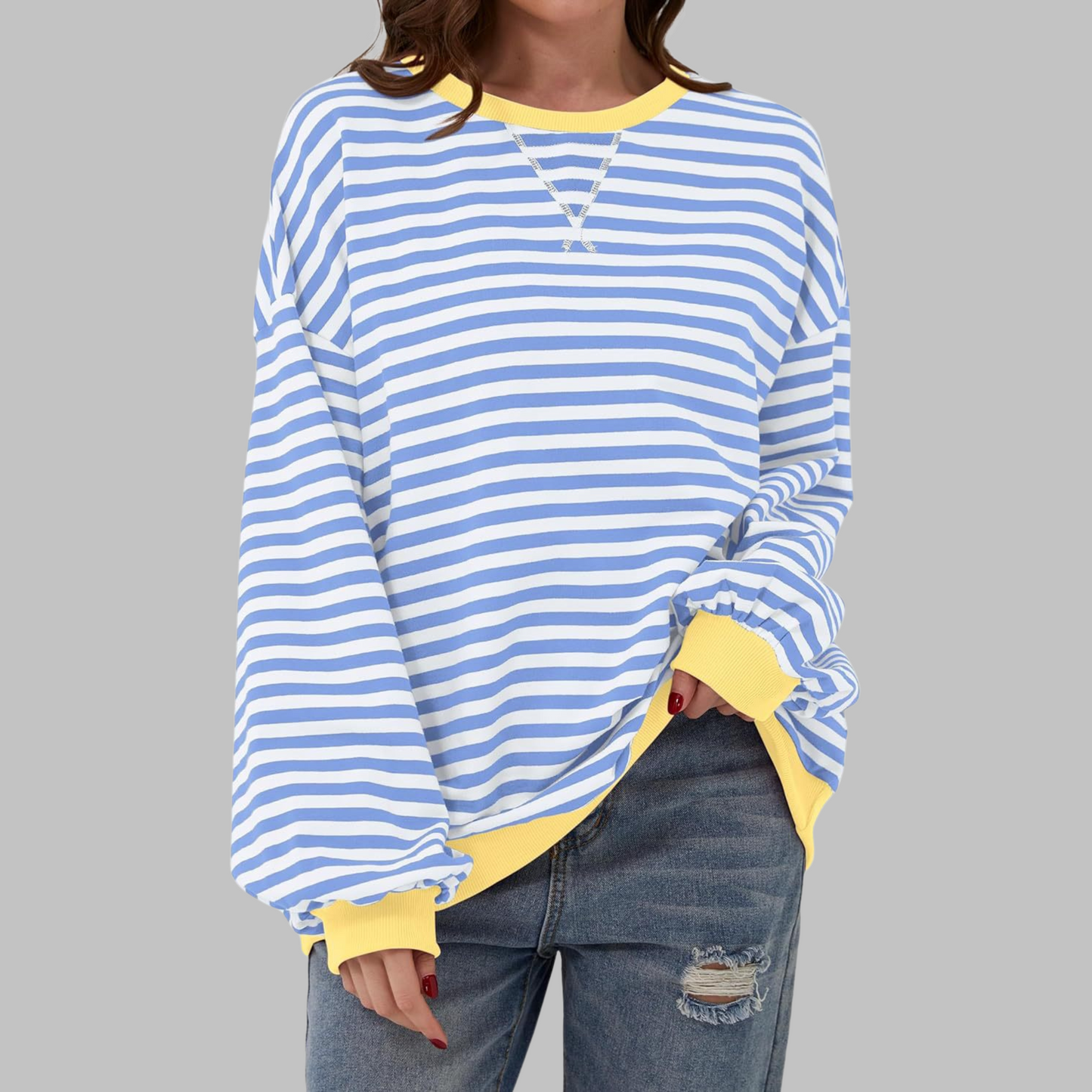 Olive | Women's Striped Crewneck Long Sleeve Oversized Sweatshirt
