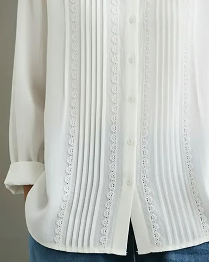 Tamsin | Women's Lace Trim Button-Up Long Sleeve Blouse