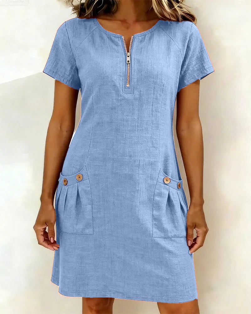 Ivy | Women's Shift Dress Short Sleeve Zip Neck with Pockets