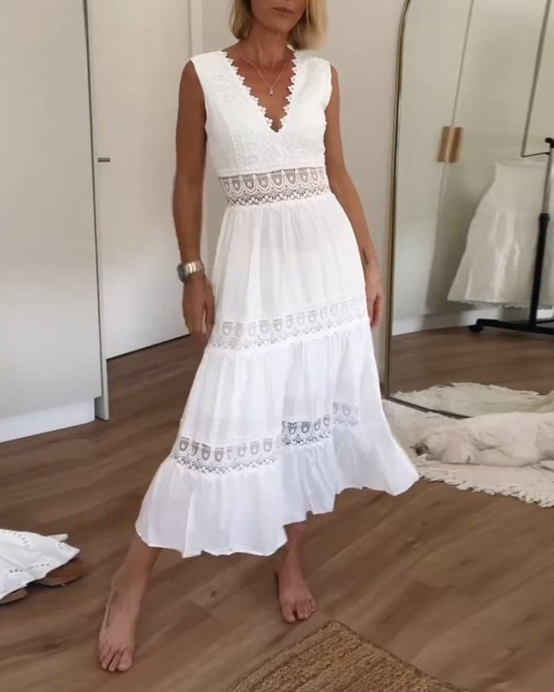 Summer | White Sun Sleeveless V Neck Midi Dress