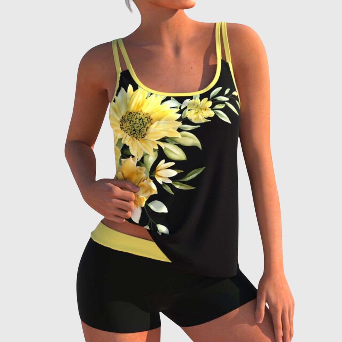 Romilly | Black Floral Print Two-Piece Swimsuit Set