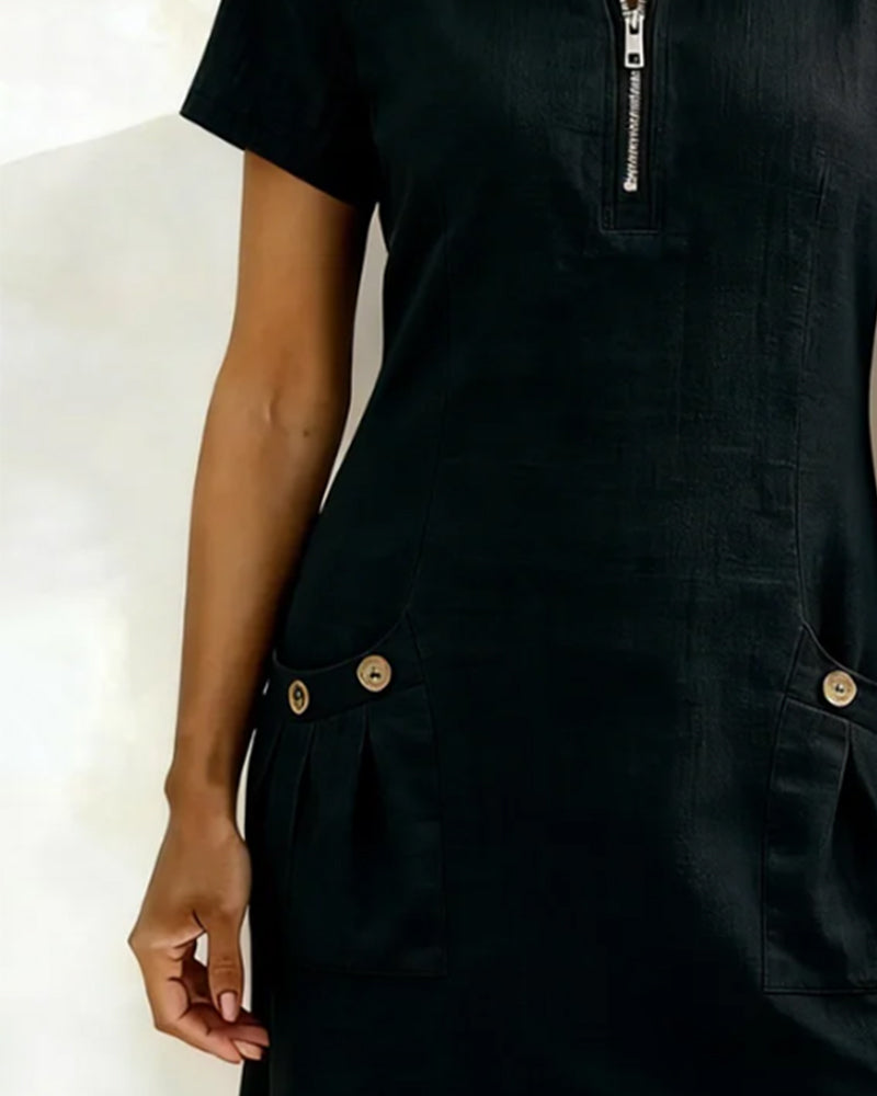 Ivy | Women's Shift Dress Short Sleeve Zip Neck with Pockets