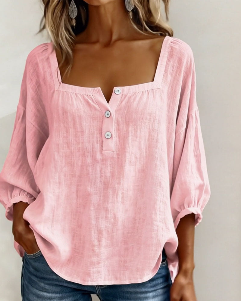 Nadine | Women's Square Neck Blouse 3/4 Puff Sleeve Button Top