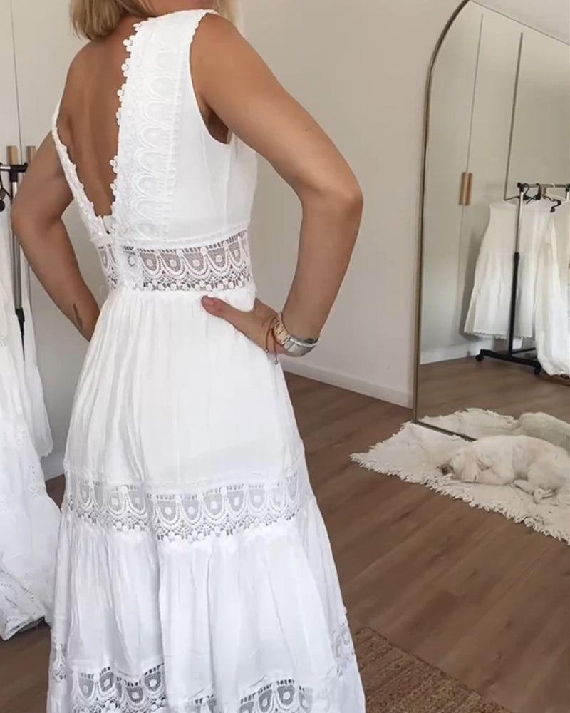 Summer | White Sun Sleeveless V Neck Midi Dress