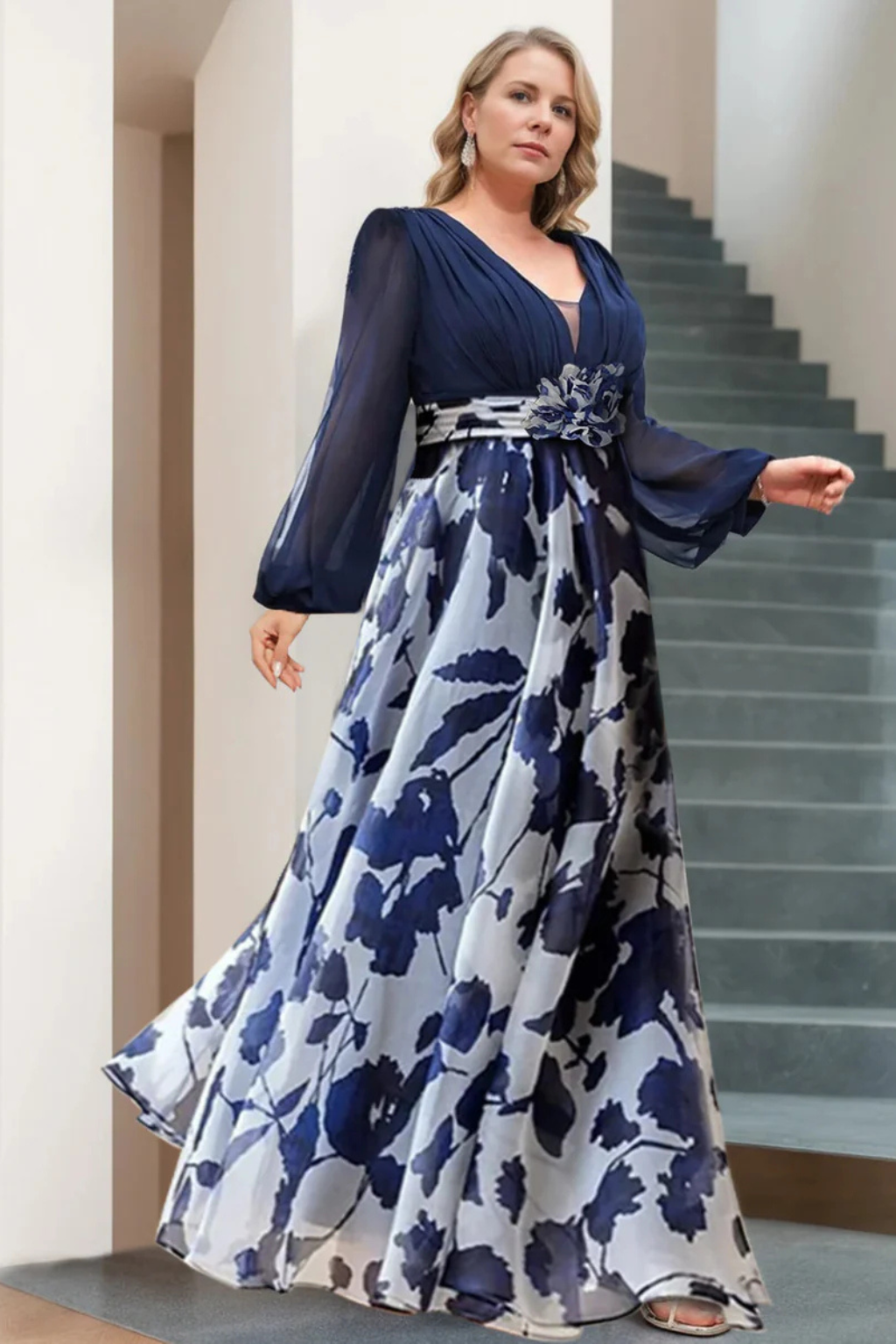 Charlotte | Women V Neck Balloon Sleeve Floral Print Maxi Wedding Guest Dress