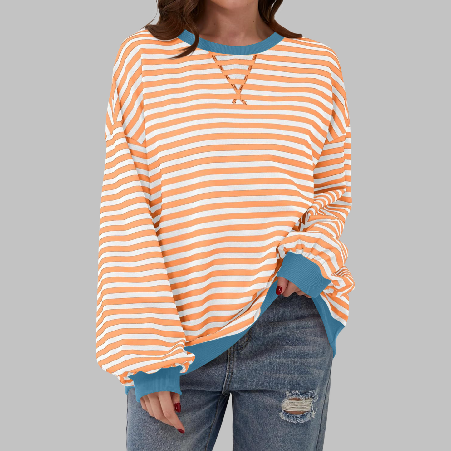 Olive | Women's Striped Crewneck Long Sleeve Oversized Sweatshirt
