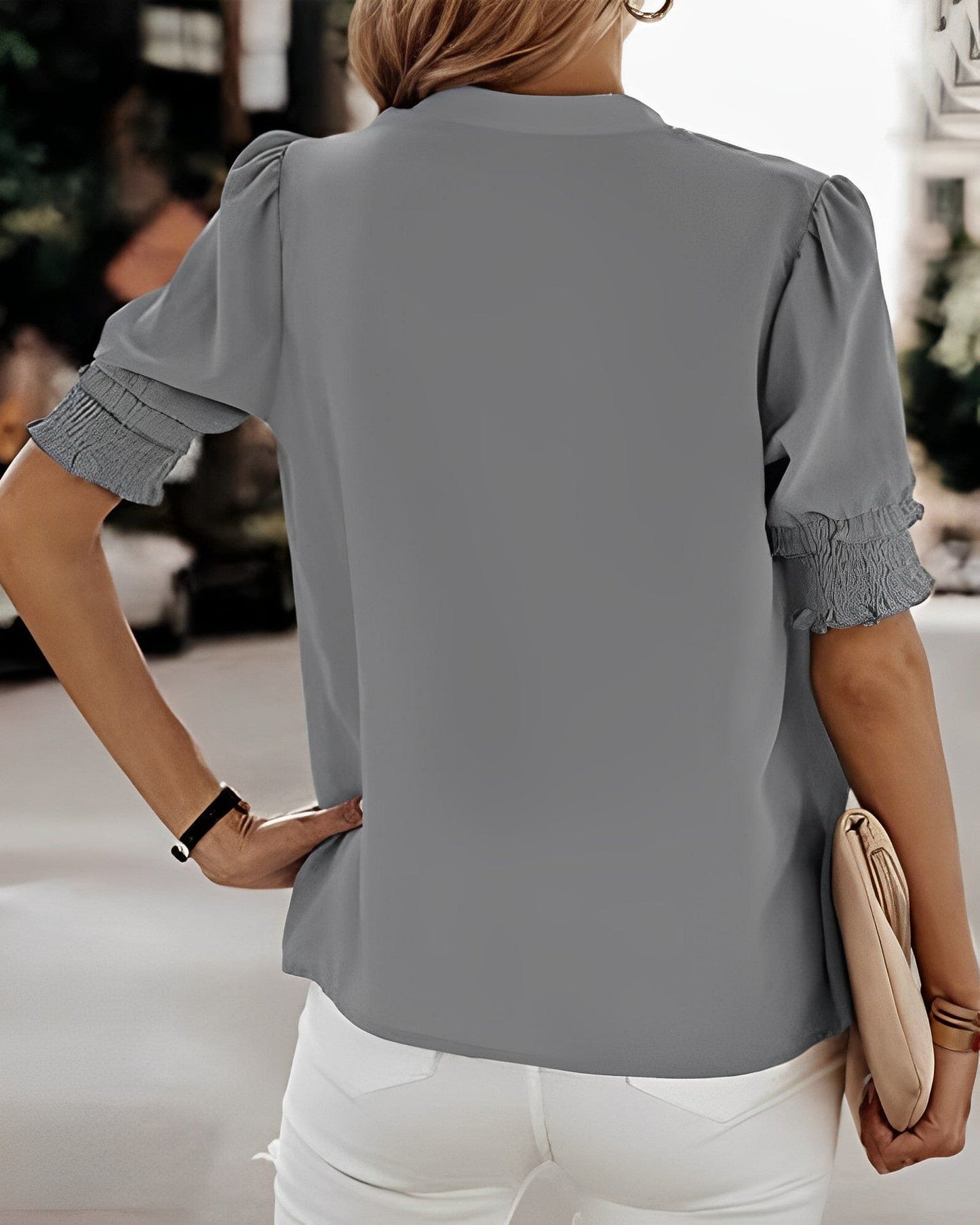 Natasha | Women's V-Neck Puff Sleeve Blouse Short Sleeve Top