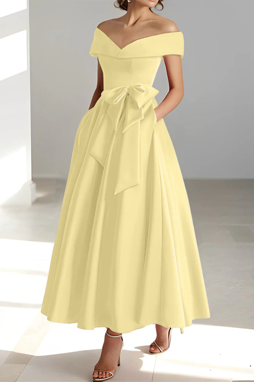 Arabella | Women Off Shoulder Bow Waist A Line Midi Wedding Guest Dress
