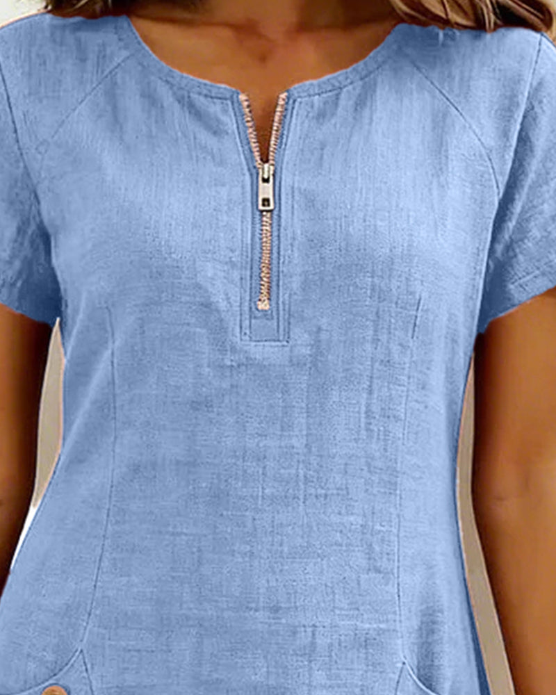 Ivy | Women's Shift Dress Short Sleeve Zip Neck with Pockets