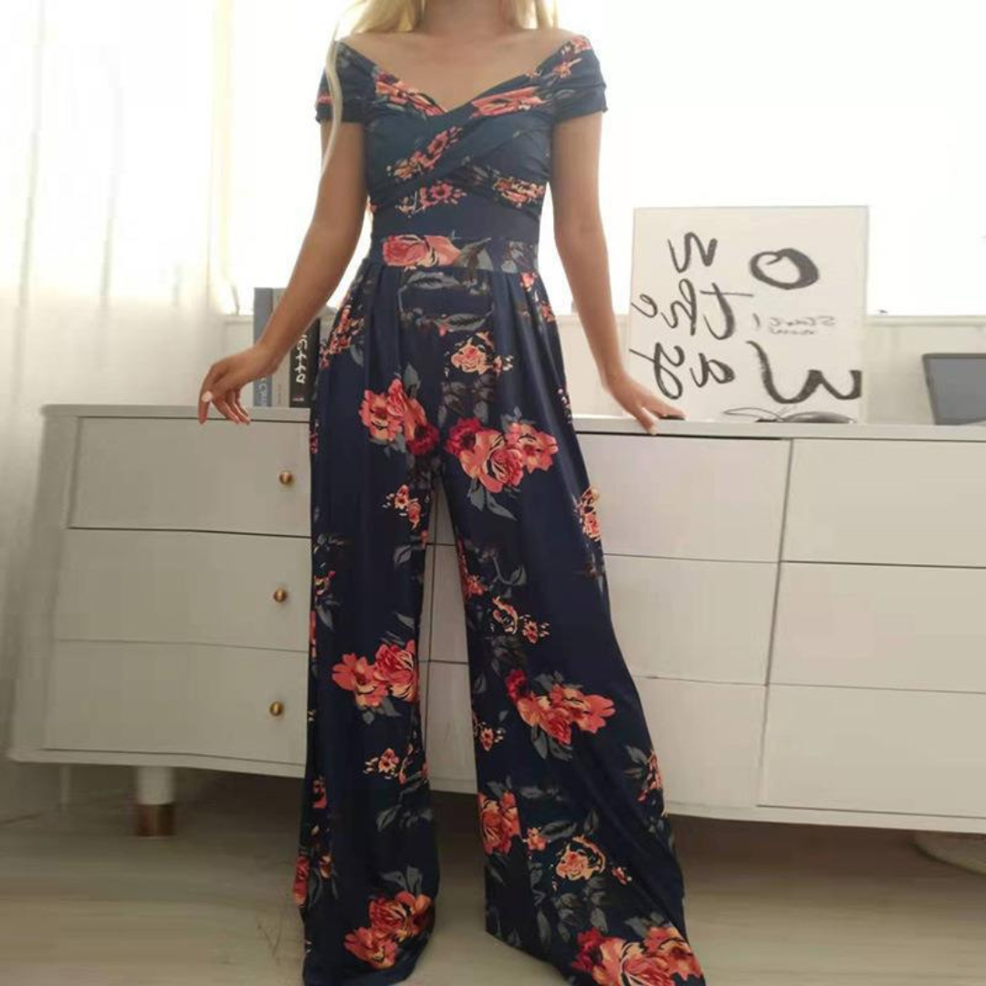 Nina | Women's Floral Wide Leg Jumpsuit Off Shoulder Wrap Bodice