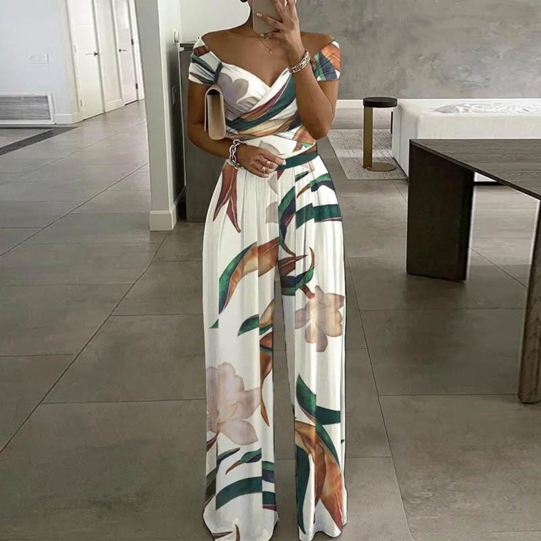 Nina | Women's Floral Wide Leg Jumpsuit Off Shoulder Wrap Bodice