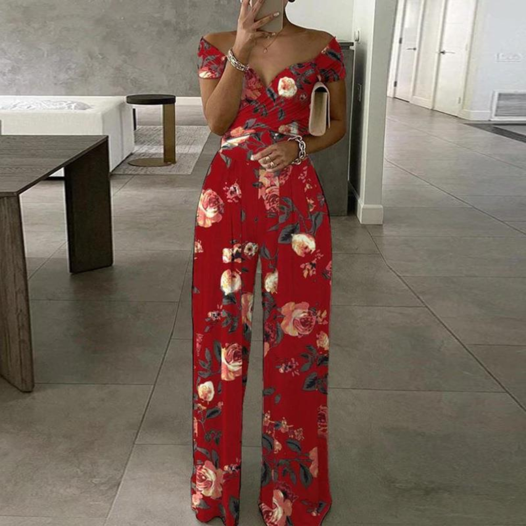 Nina | Women's Floral Wide Leg Jumpsuit Off Shoulder Wrap Bodice