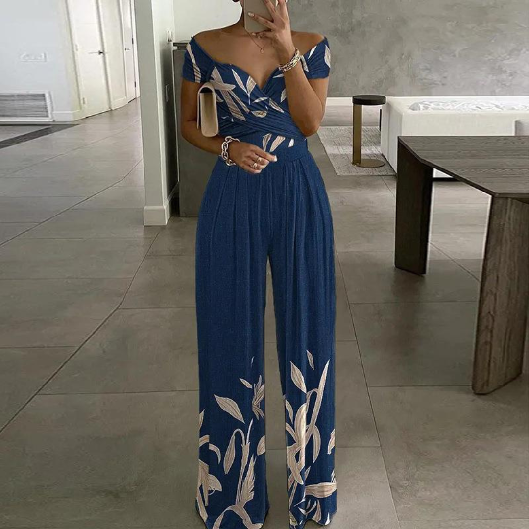 Nina | Women's Floral Wide Leg Jumpsuit Off Shoulder Wrap Bodice