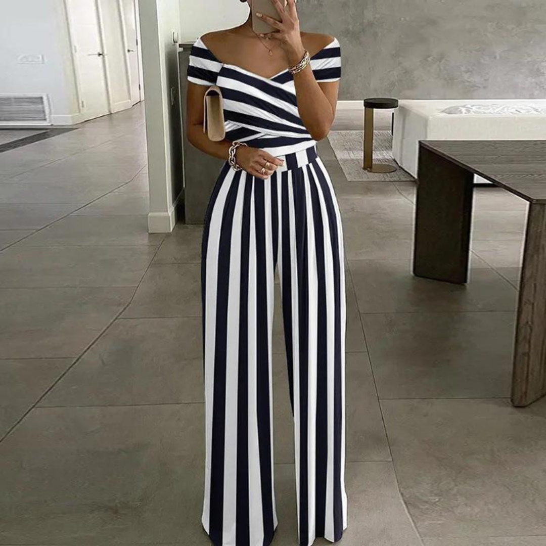 Nina | Women's Floral Wide Leg Jumpsuit Off Shoulder Wrap Bodice