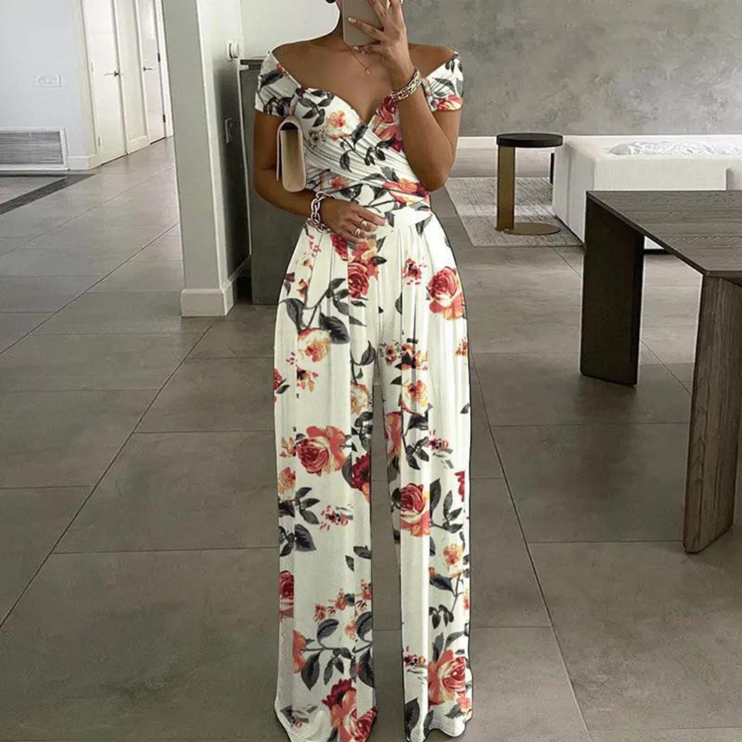 Nina | Women's Floral Wide Leg Jumpsuit Off Shoulder Wrap Bodice