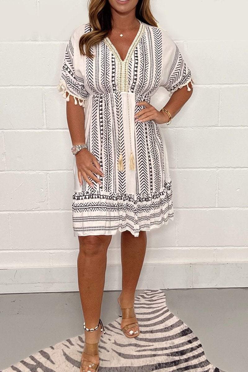 Sarah | Women’s Boho Printed Tassel Summer Diner Mini Dress
