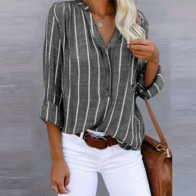 Antonia | Women's Striped Long Sleeve Button Breathable Linen Blouse Top
