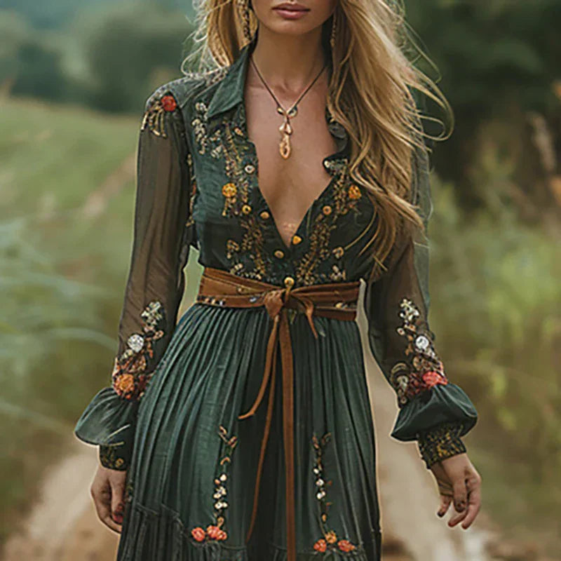Jane | Green Brown Boho Casual Long Sleeve Maxi Dress
