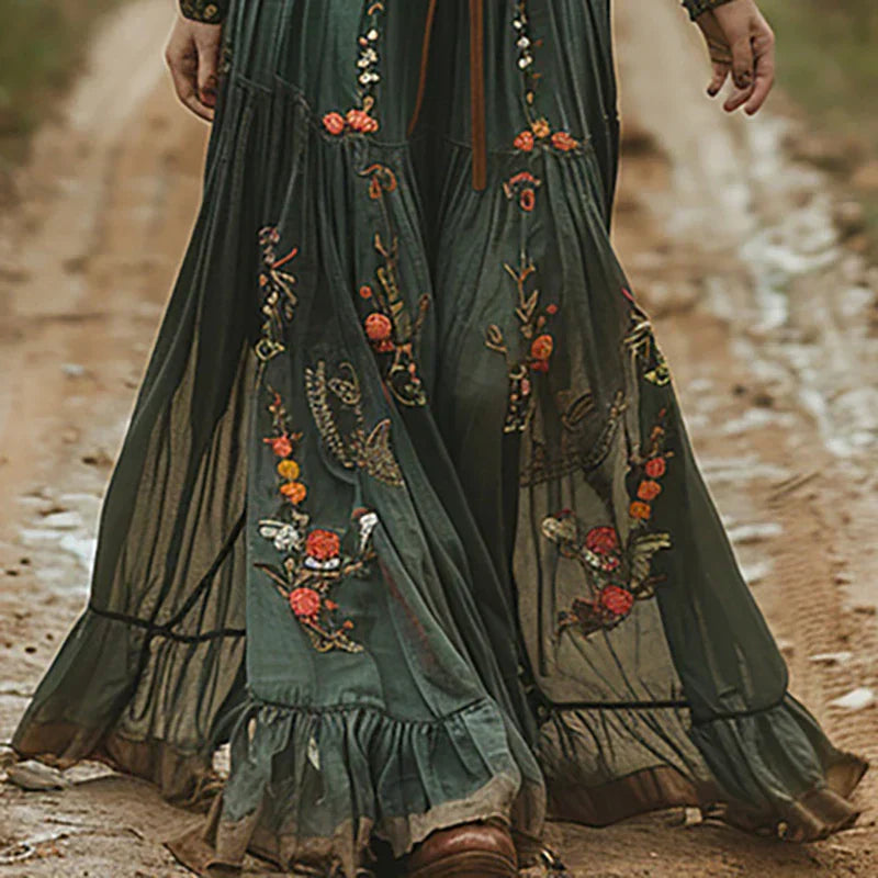 Jane | Green Brown Boho Casual Long Sleeve Maxi Dress