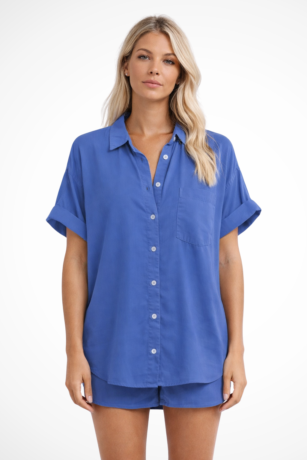 Celine | Women Short Sleeve Button Down Oversized Shirt with Chest Pocket