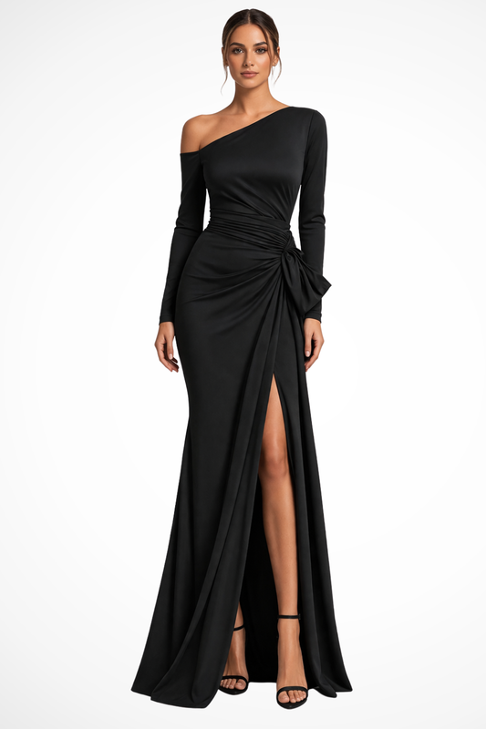 Rowan | Women One Shoulder Satin Black Maxi Wedding Guest Evening Dress