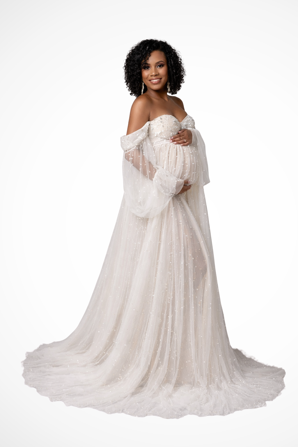Ruby | Women Tulle Off Shoulder Maternity Maxi Dress with Pearl Detail