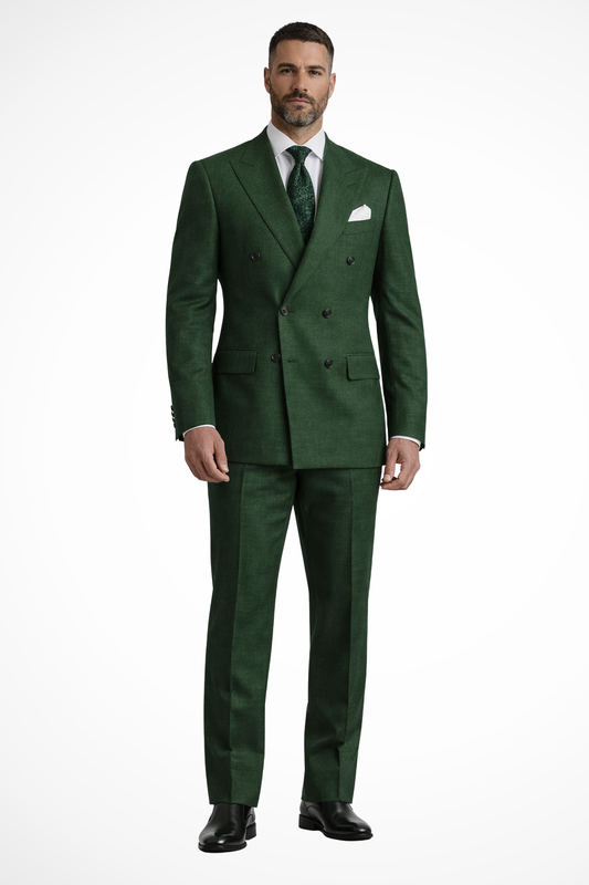 Barnaby | Men Double Breasted  Green Linen Two Piece Wedding Guest Suit