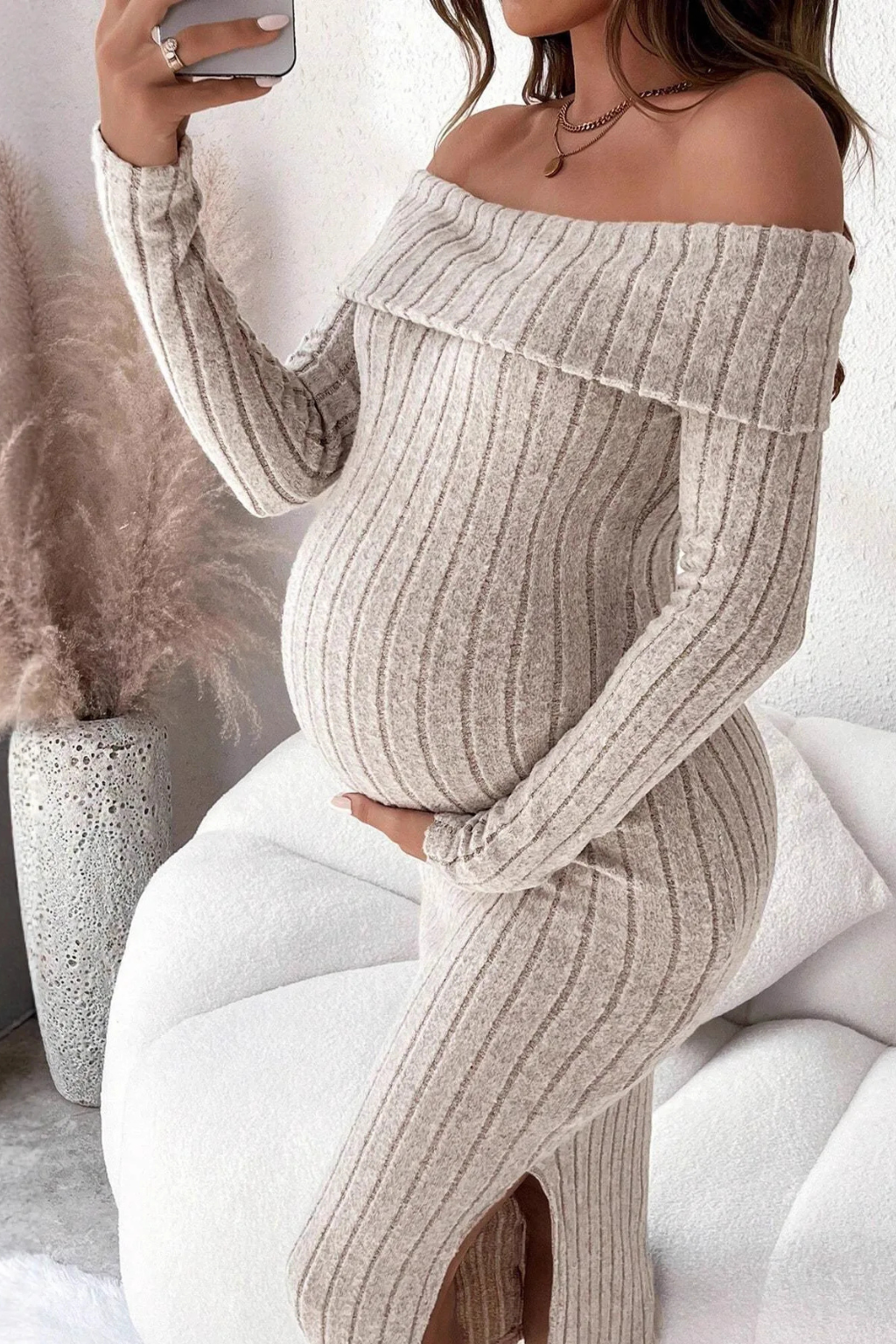 Deborah | Women Ribbed Off Shoulder Maternity Midi Dress with Side Slit