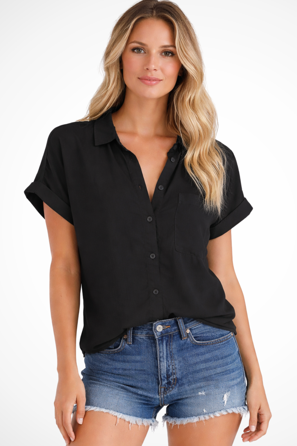 Celine | Women Short Sleeve Button Down Oversized Shirt with Chest Pocket