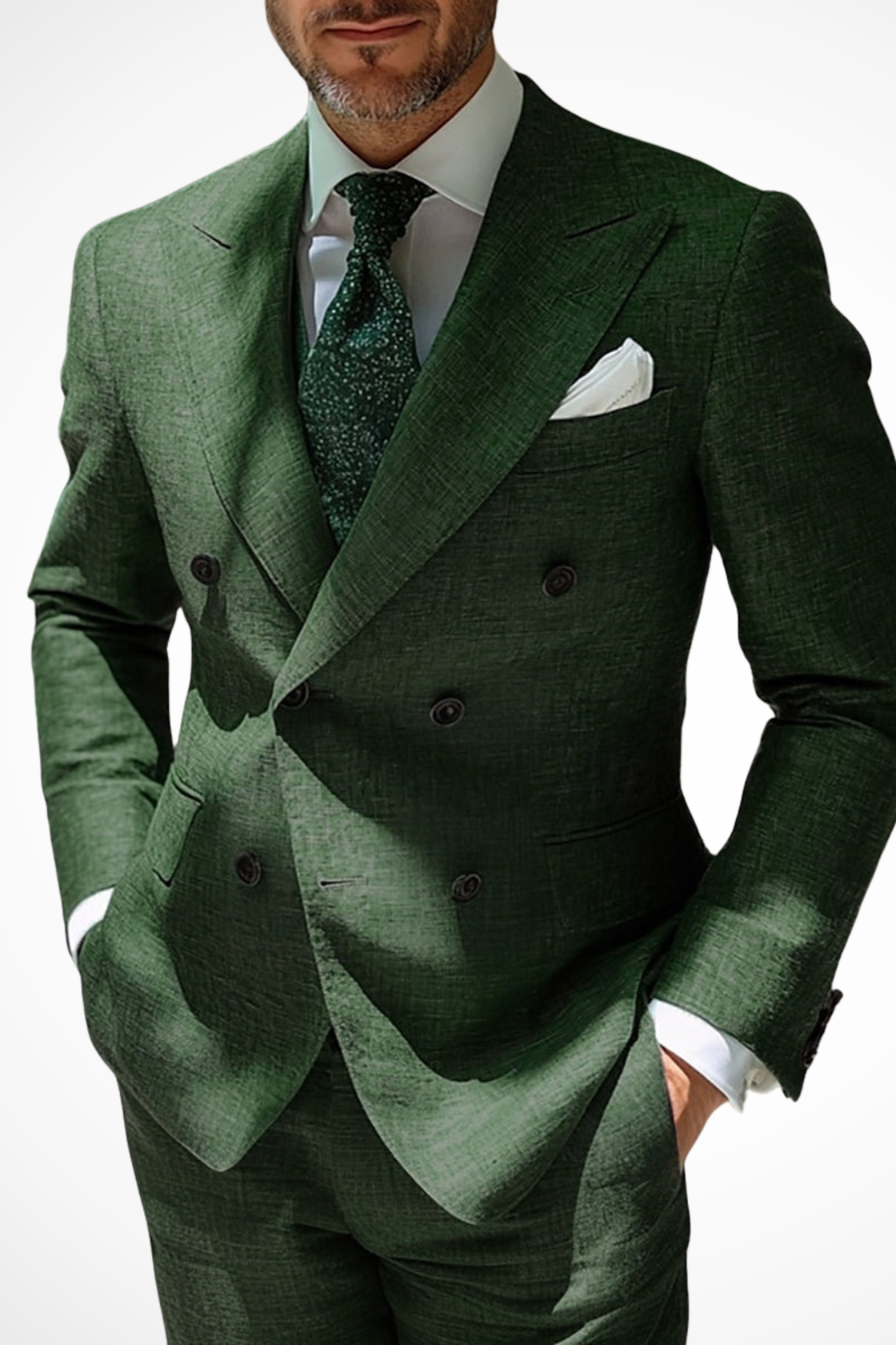 Isaac | Men Double Breasted  Green Linen Two Piece Wedding Guest Suit
