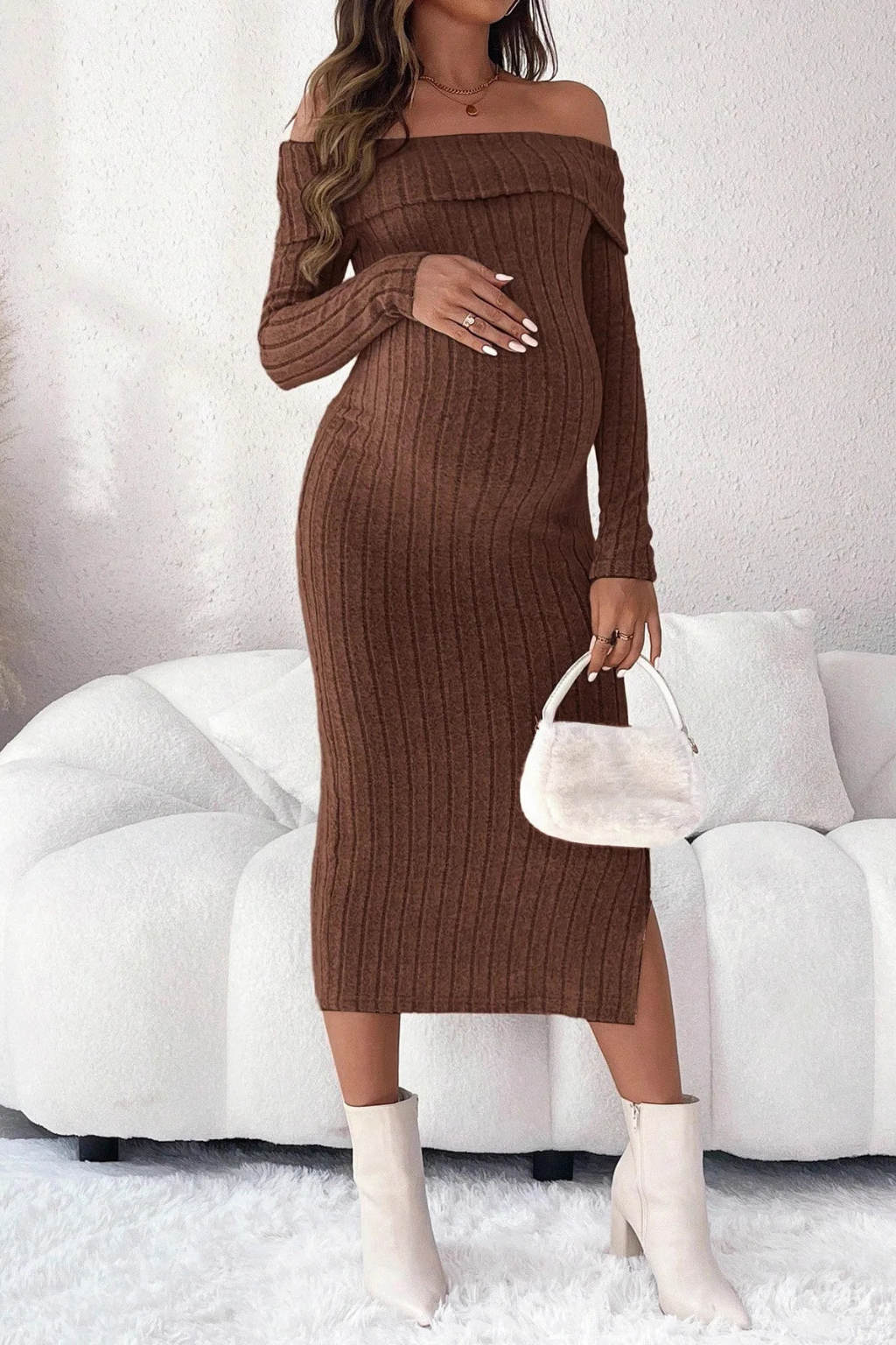 Deborah | Women Ribbed Off Shoulder Maternity Midi Dress with Side Slit