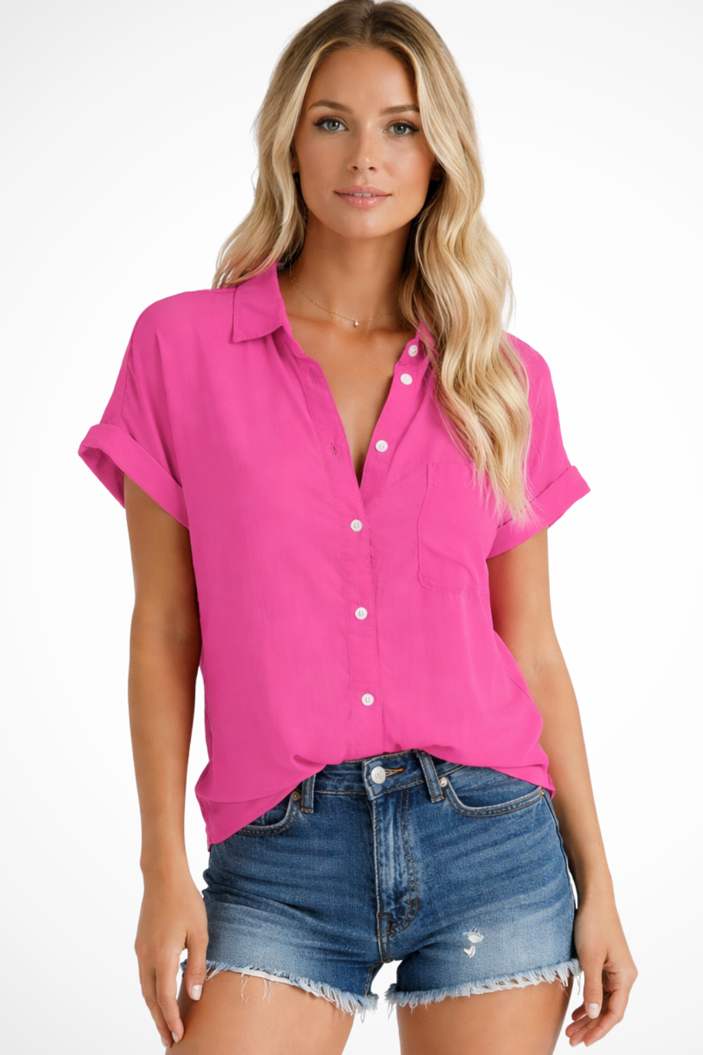 Celine | Women Short Sleeve Button Down Oversized Shirt with Chest Pocket