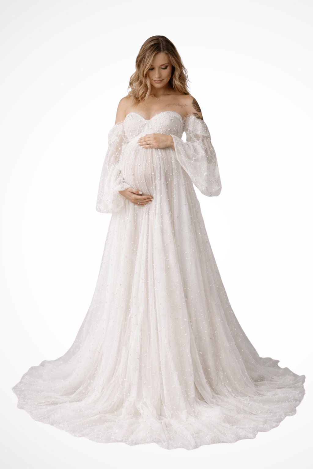 Ruby | Women Tulle Off Shoulder Maternity Maxi Dress with Pearl Detail