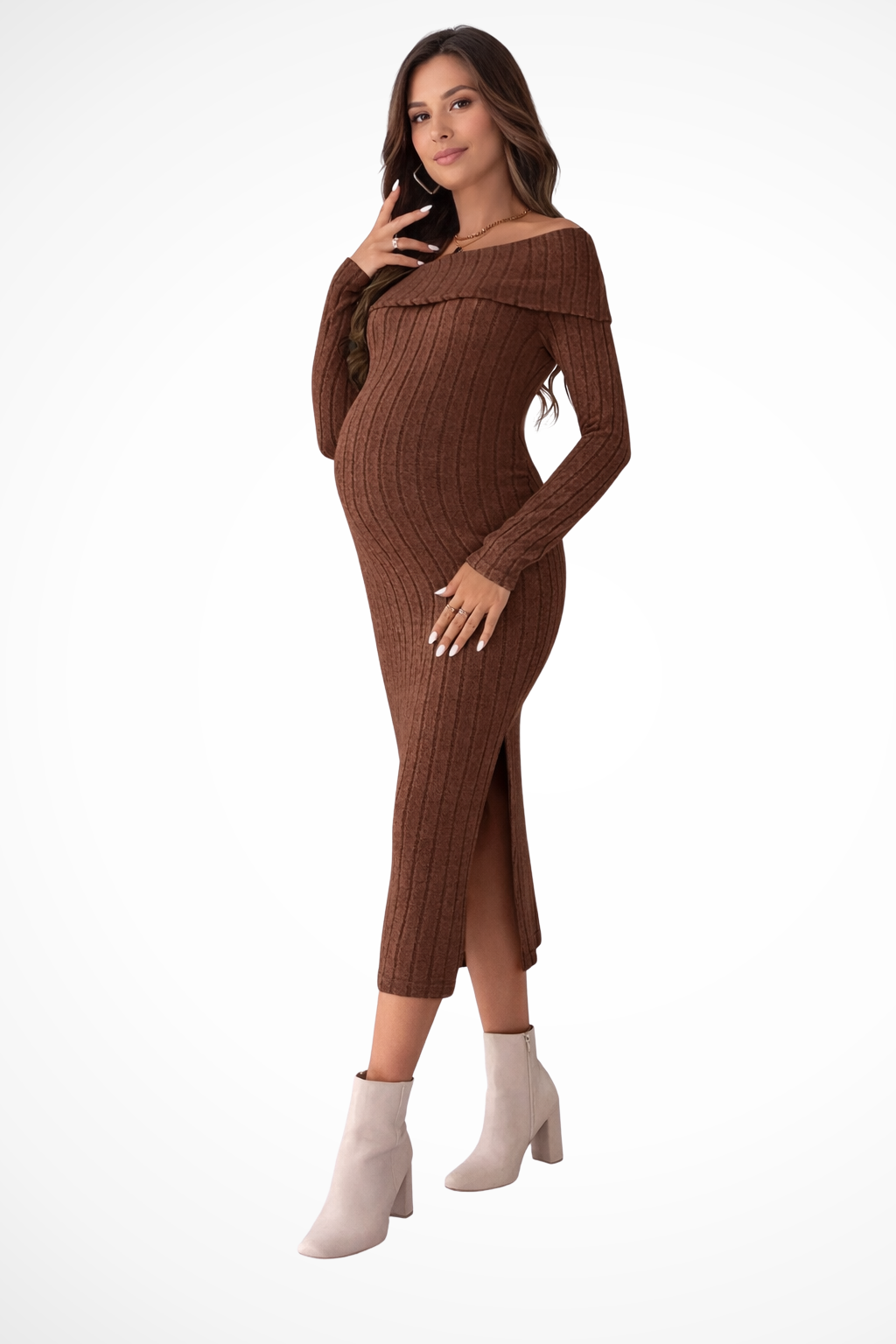 Deborah | Women Ribbed Off Shoulder Maternity Midi Dress with Side Slit