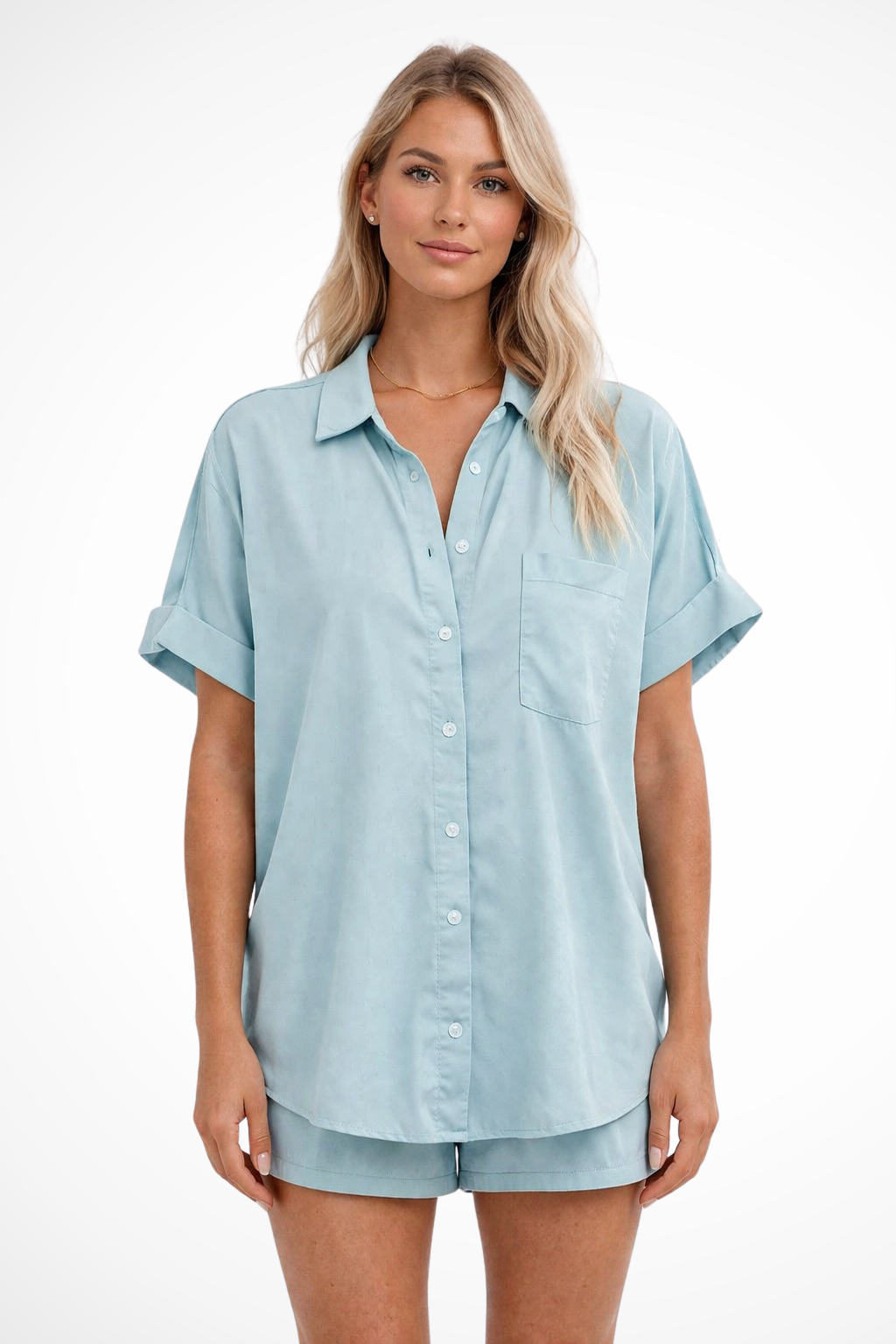 Celine | Women Short Sleeve Button Down Oversized Shirt with Chest Pocket