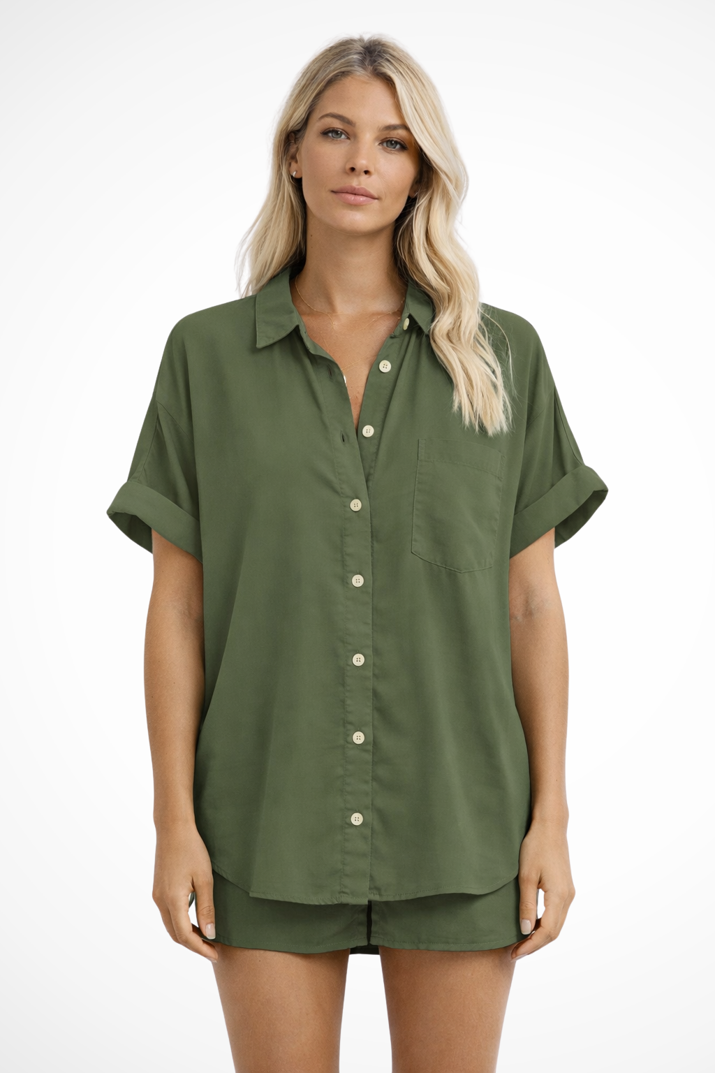 Celine | Women Short Sleeve Button Down Oversized Shirt with Chest Pocket