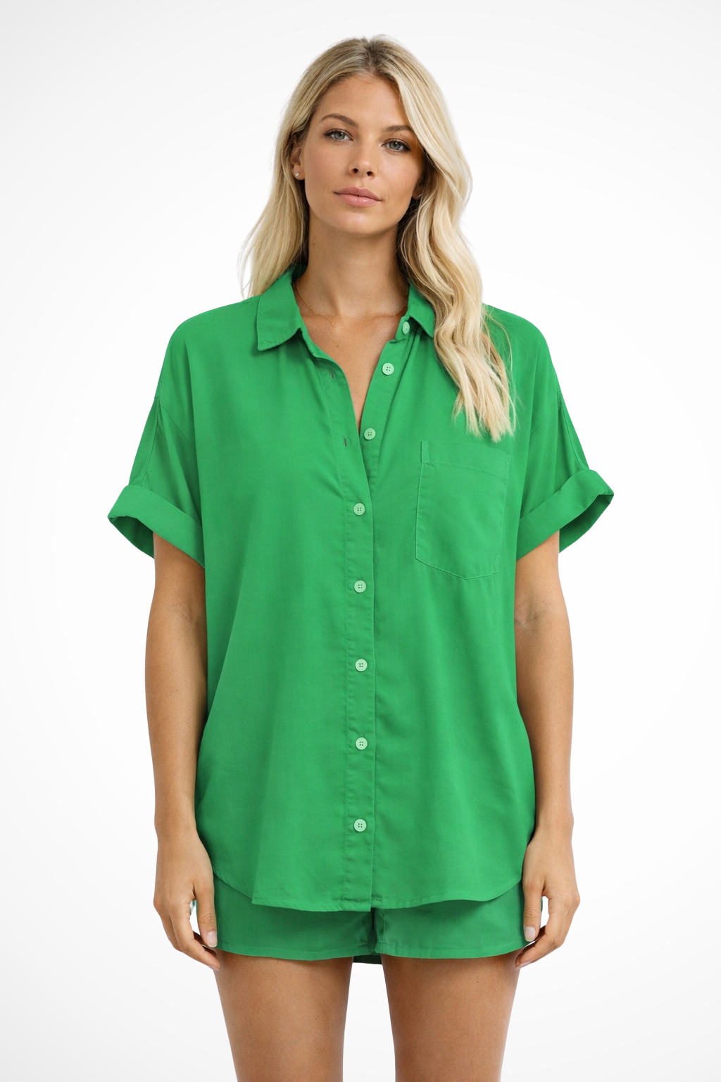 Celine | Women Short Sleeve Button Down Oversized Shirt with Chest Pocket