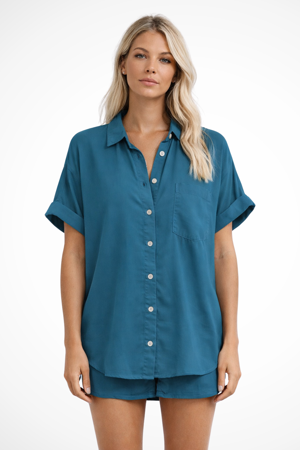 Celine | Women Short Sleeve Button Down Oversized Shirt with Chest Pocket