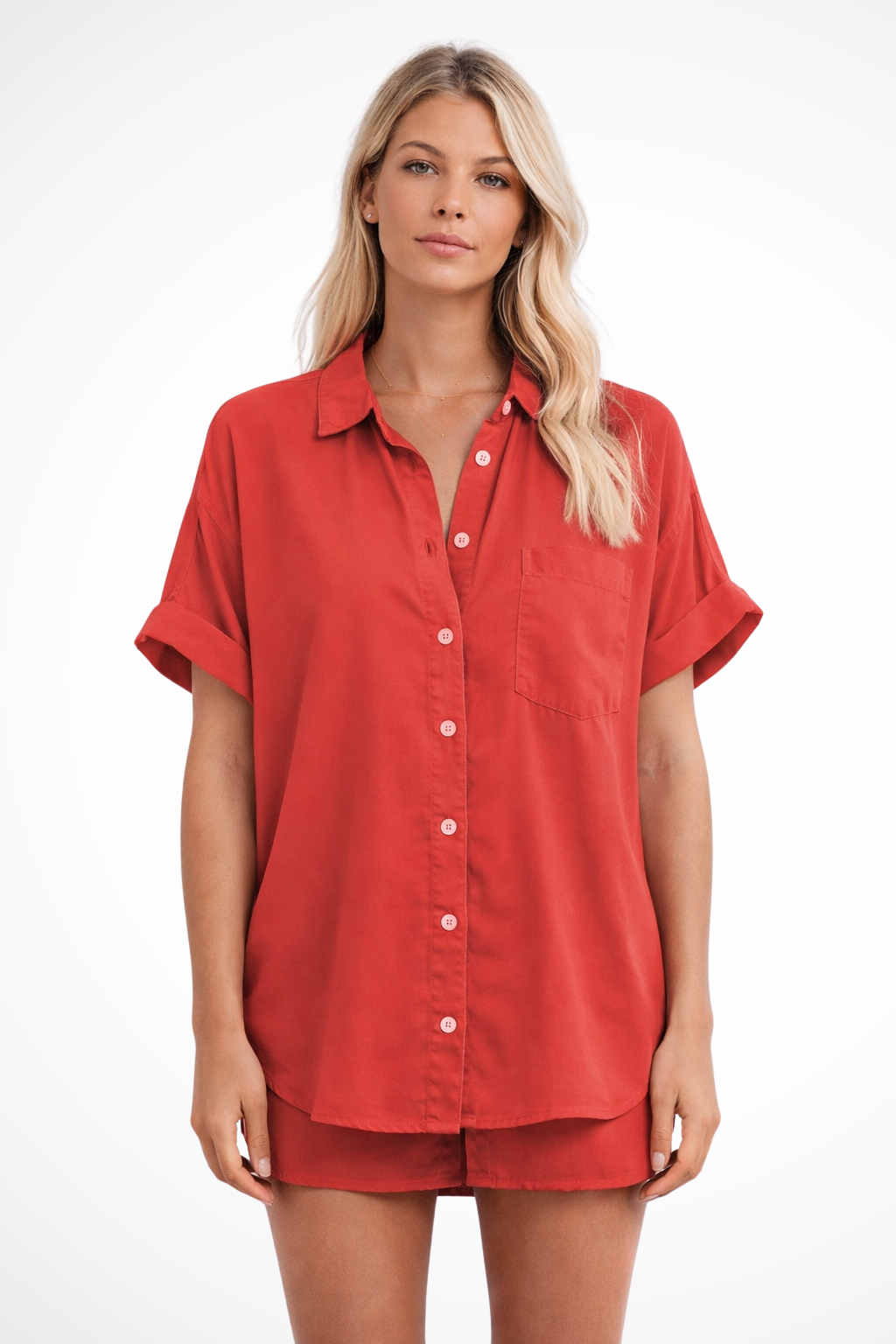 Celine | Women Short Sleeve Button Down Oversized Shirt with Chest Pocket