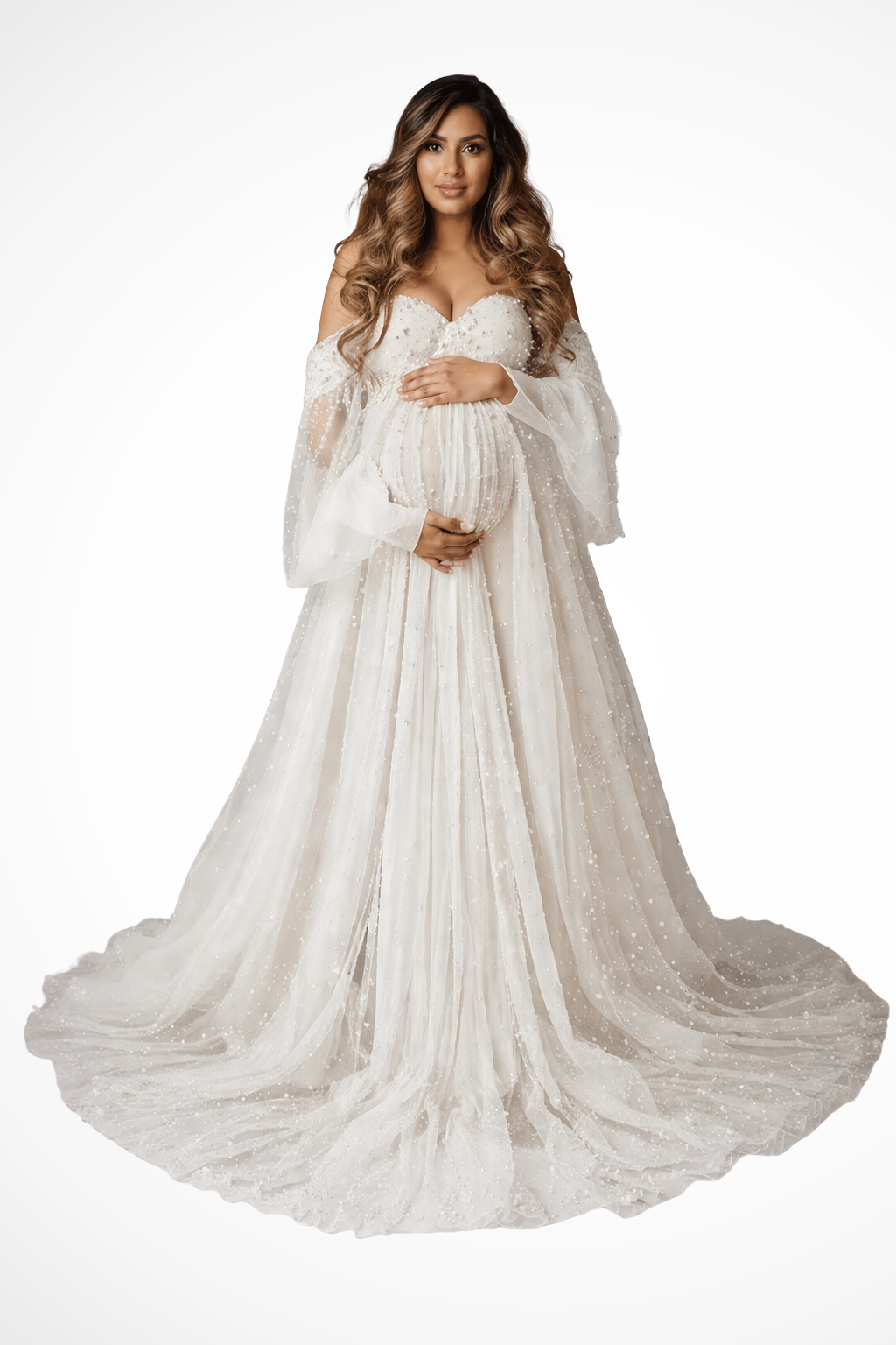 Ruby | Women Tulle Off Shoulder Maternity Maxi Dress with Pearl Detail