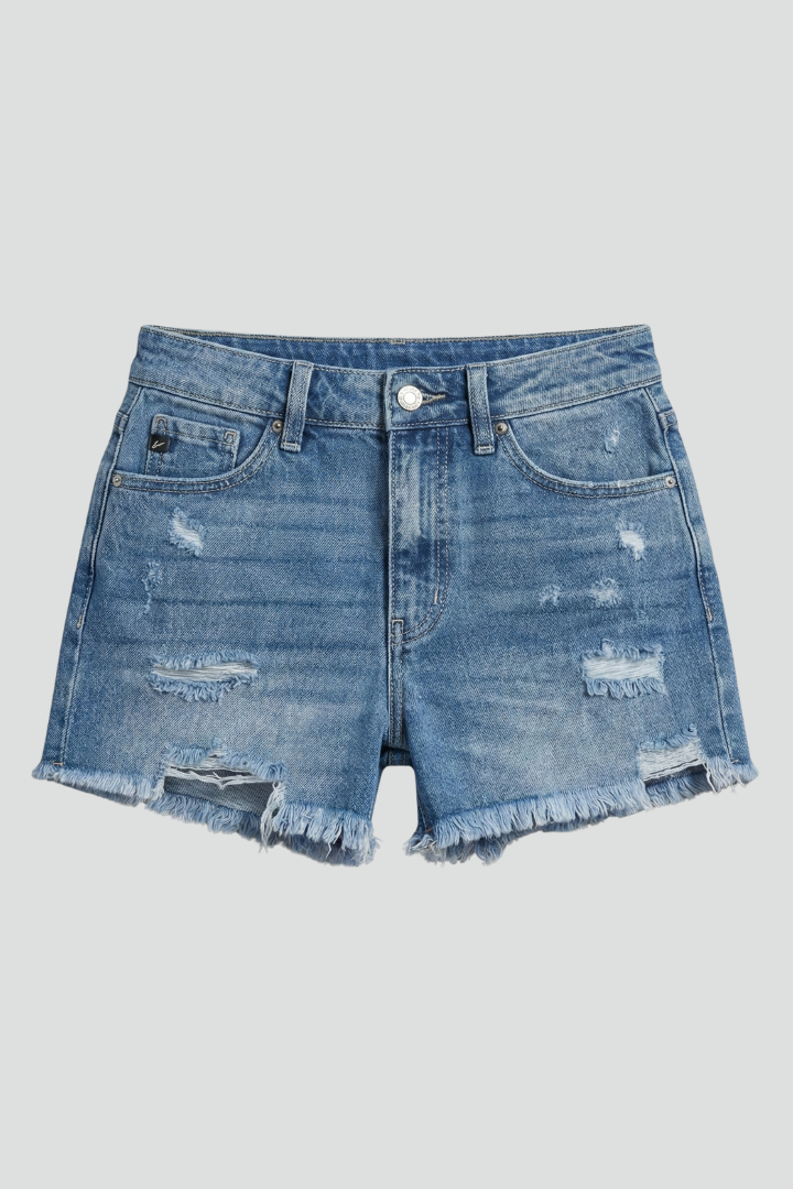 Amelia | High Waisted Distressed Dark Blue Denim Shorts with Raw Hem